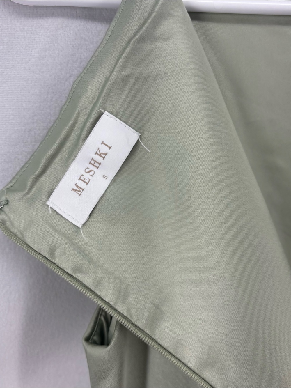 Meshki Sage Green Satin Maxi Dress Sleeveless Boat Neck Elegant Gown Small - Picture 8 of 10
